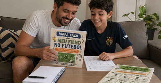 Pai e filho estudando o guia no sofá