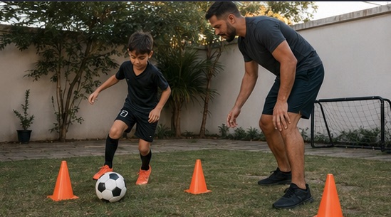 Pai e filho treinando drible com cones