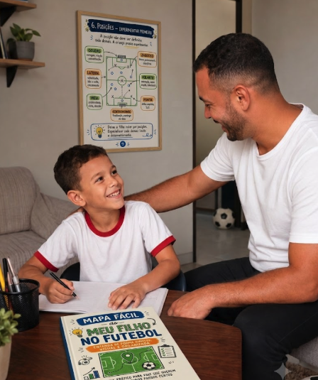 Pai e filho usando o guia Meu Filho no Futebol em casa